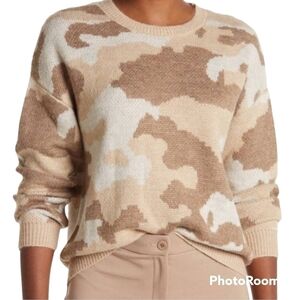 Lucky Brand Wool Blend‎ Cream Neutral Tan Camo Crewneck Drop Shoulder Sweater S